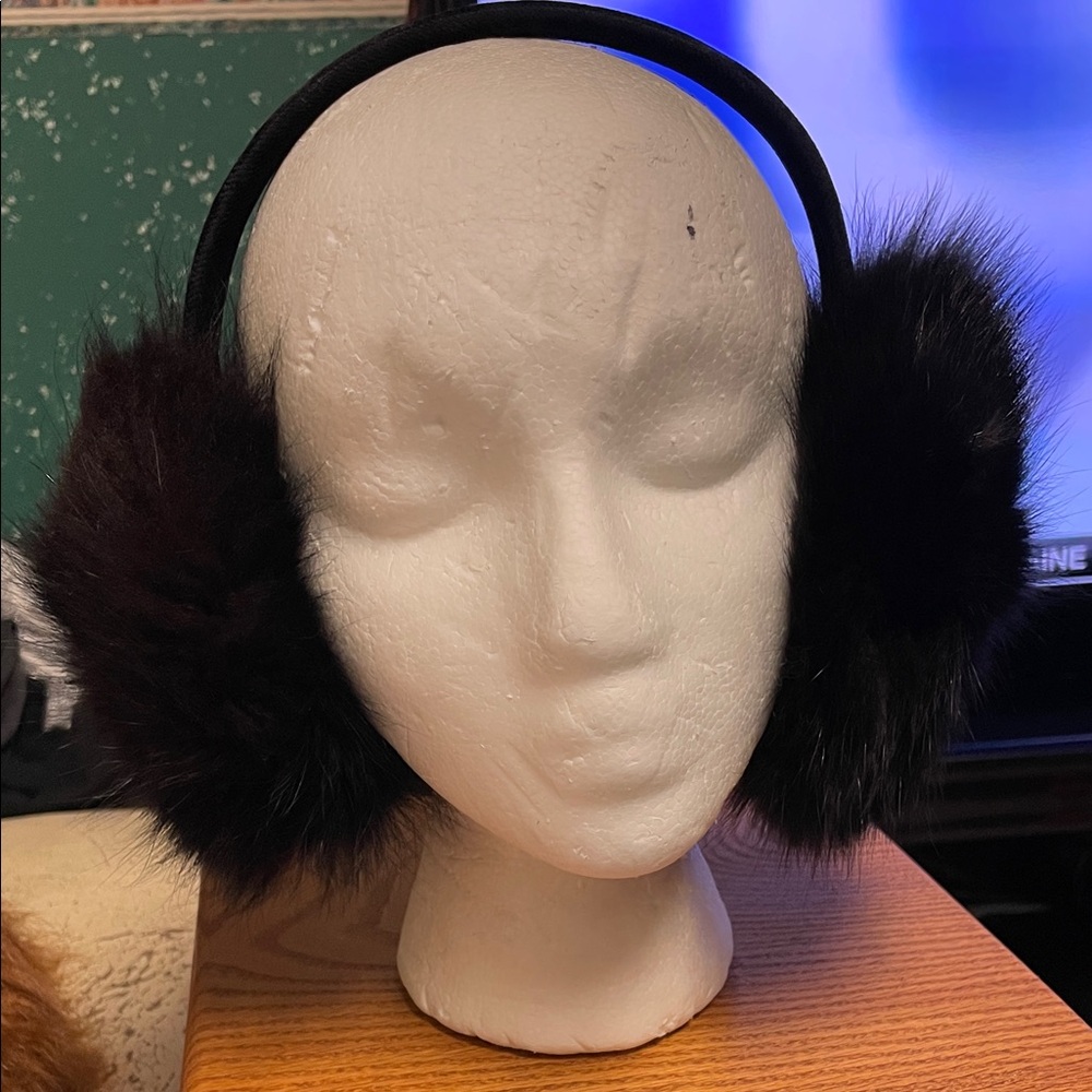 Black fox Fur and velvet Earmuffs with sherling lining